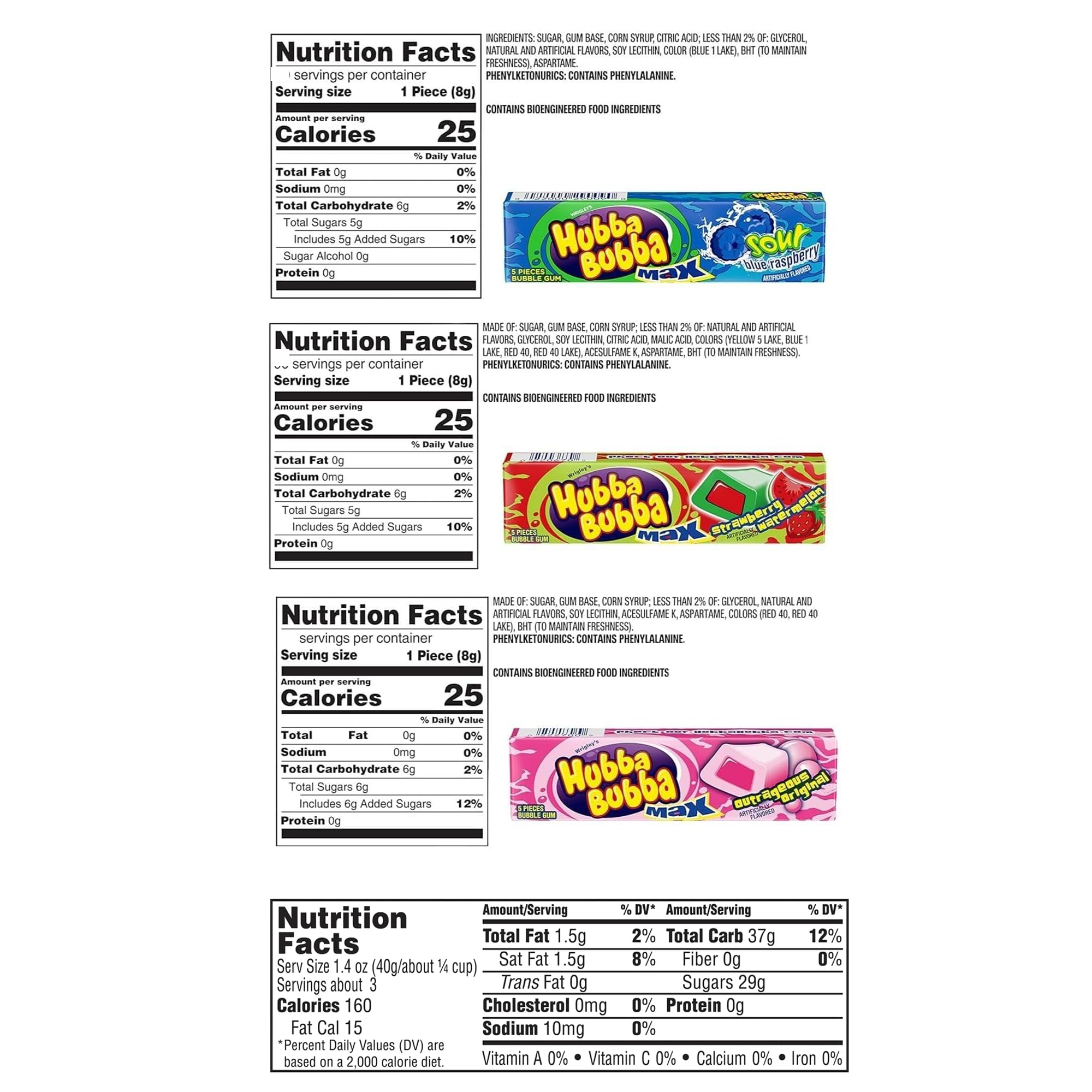 Gum Variety 8 Pack- Including 2 Packs Each of 4 Flavors- Max Strawberry Watermelon, Sour Blue Raspberry, Outrageous Original, and Juicy Fruit Original