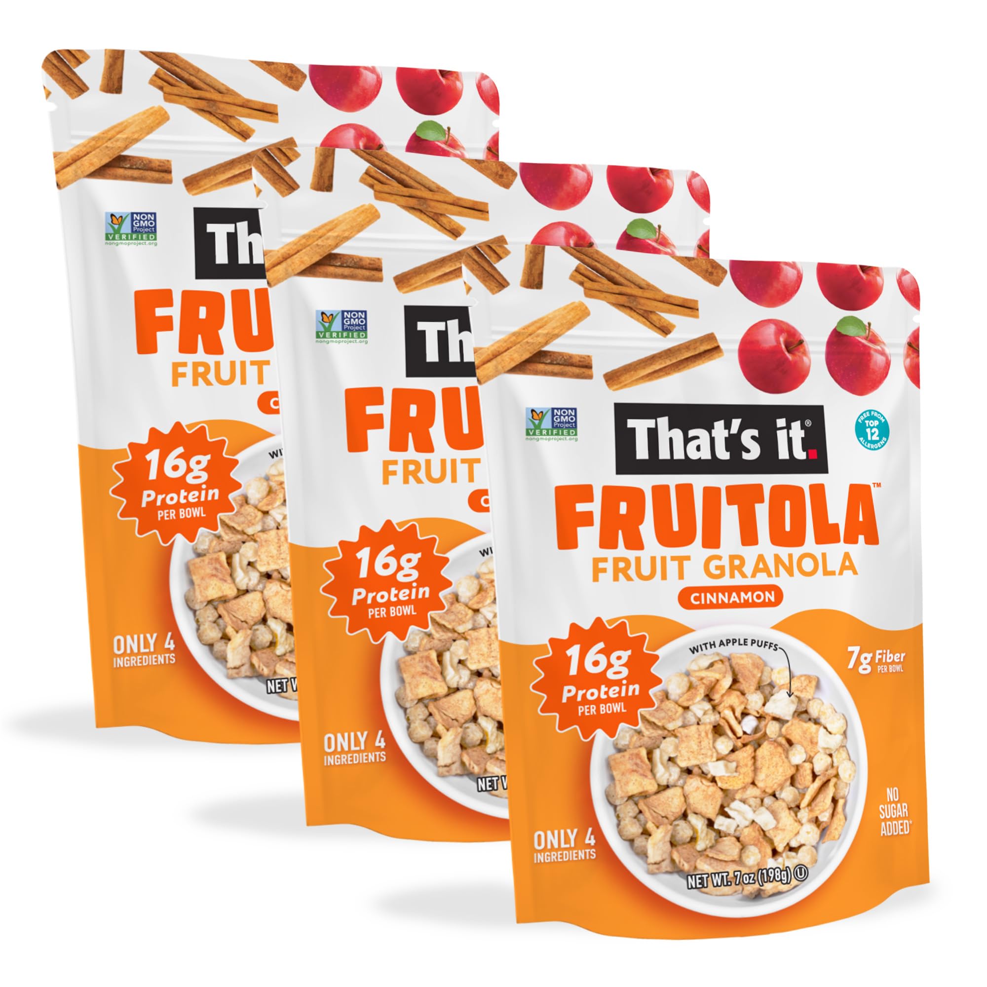 That’s it. Fruitola Fruit Granola - Cinnamon, 16g Plant-Based Protein + 7g Fiber from Fruit Per Bowl, 100% Real Fruits, Only 4 Ingredients, Zero Added