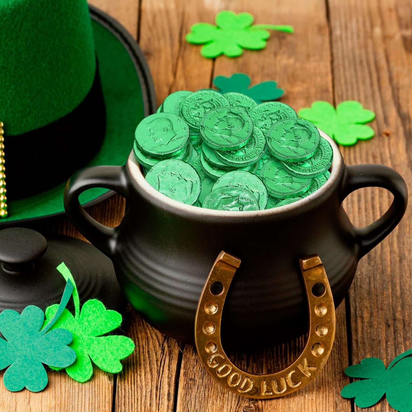 Belgian Chocolate Coins Candy Bulk 100 Pack - St Patrick's Day Green Foil Wrapped Milk Chocolate Coins Candy For Party Favors, Gift Bags & Treats