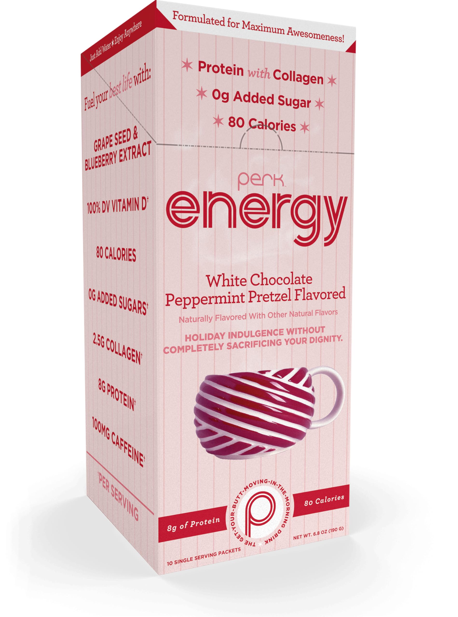 Perk Energy Drink Mix (White Chocolate Peppermint Pretzel) 10 Stick Packs - Caffeinated Healthy Coffee Alternative with Protein, 100mg of Caffeine
