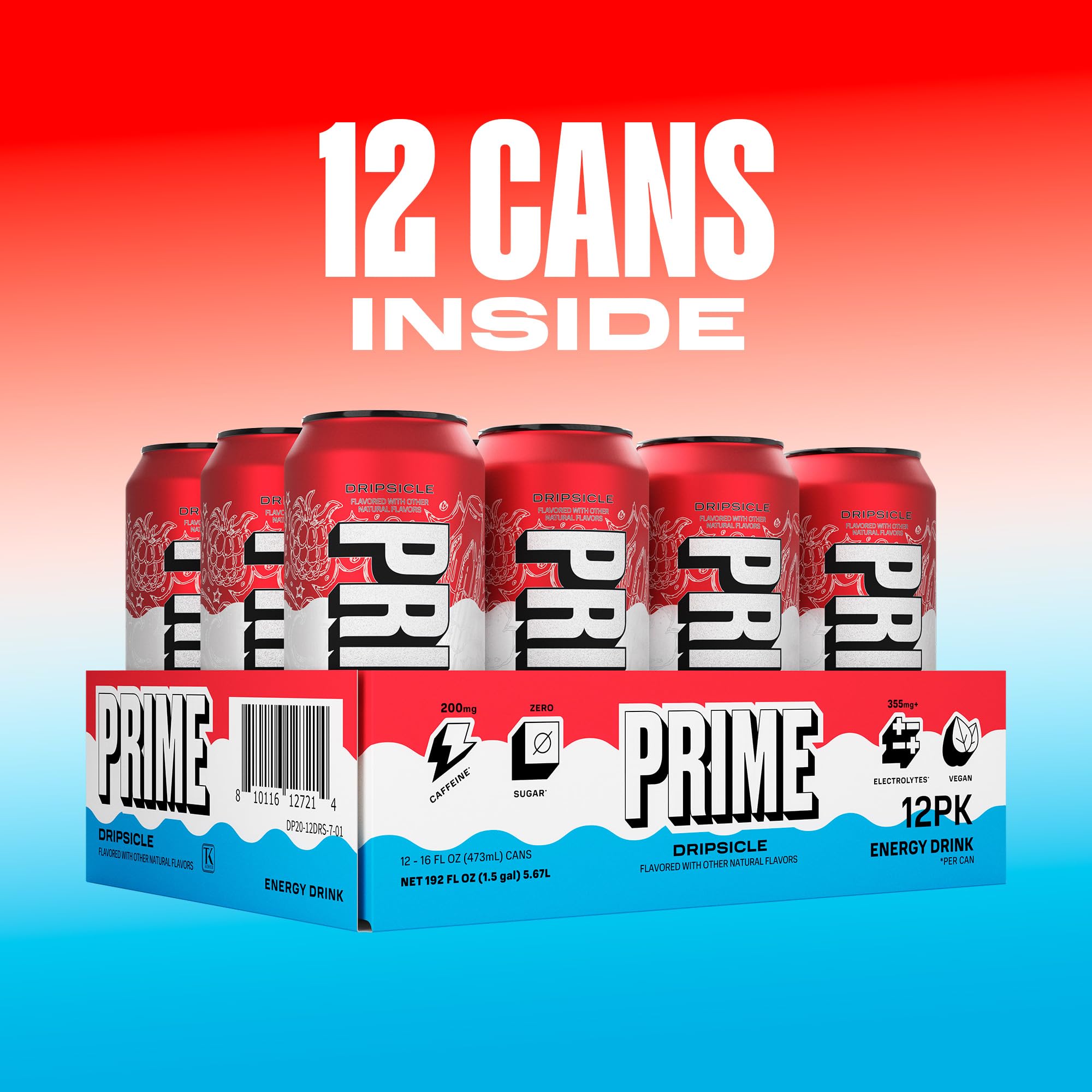 PRIME Energy DRIPSCICLE, Sugar Free Energy Drink, 200mg Caffeine and 355mg of Electrolytes for Hydration, Low Calorie, Vegan, Gluten Free, 16 Fluid