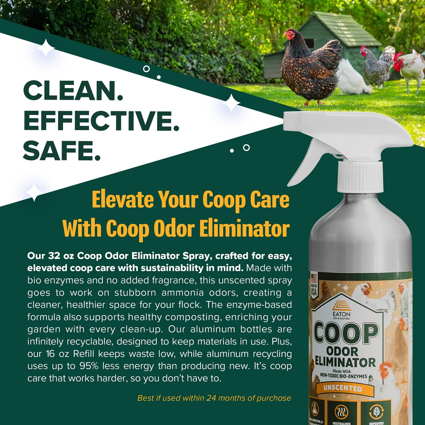 Eaton Pet and Pasture Coop Odor Eliminator Spray- All-Natural, Unscented Enzyme-Based Formula for Poultry | Neutralizes Ammonia, Supports Composting |