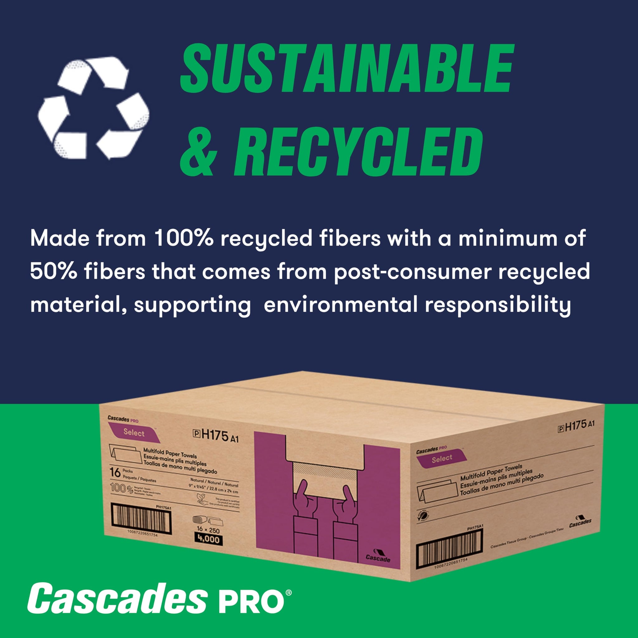 Cascades PRO Select Multifold Paper Towels Bulk- Universal Fit for Dispensers - Commercial Bathroom Kitchen Towel - 250 Sheets/pack, 16 Packs/Box