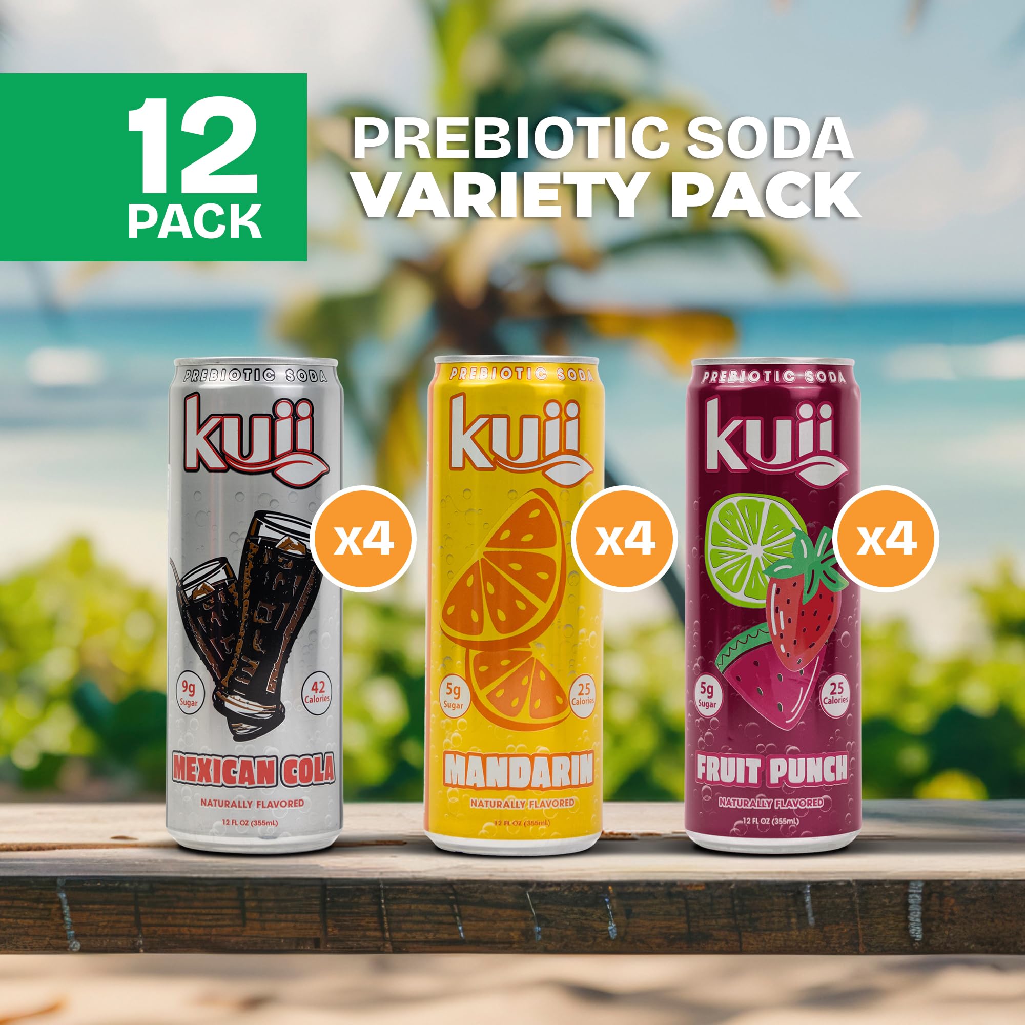 Kuii Prebiotic Soda Variety Pack - 12 Count with Mexican Cola, Mandarin & Fruit Punch Flavors - Sparkling Gut-Friendly Drinks for Refreshing