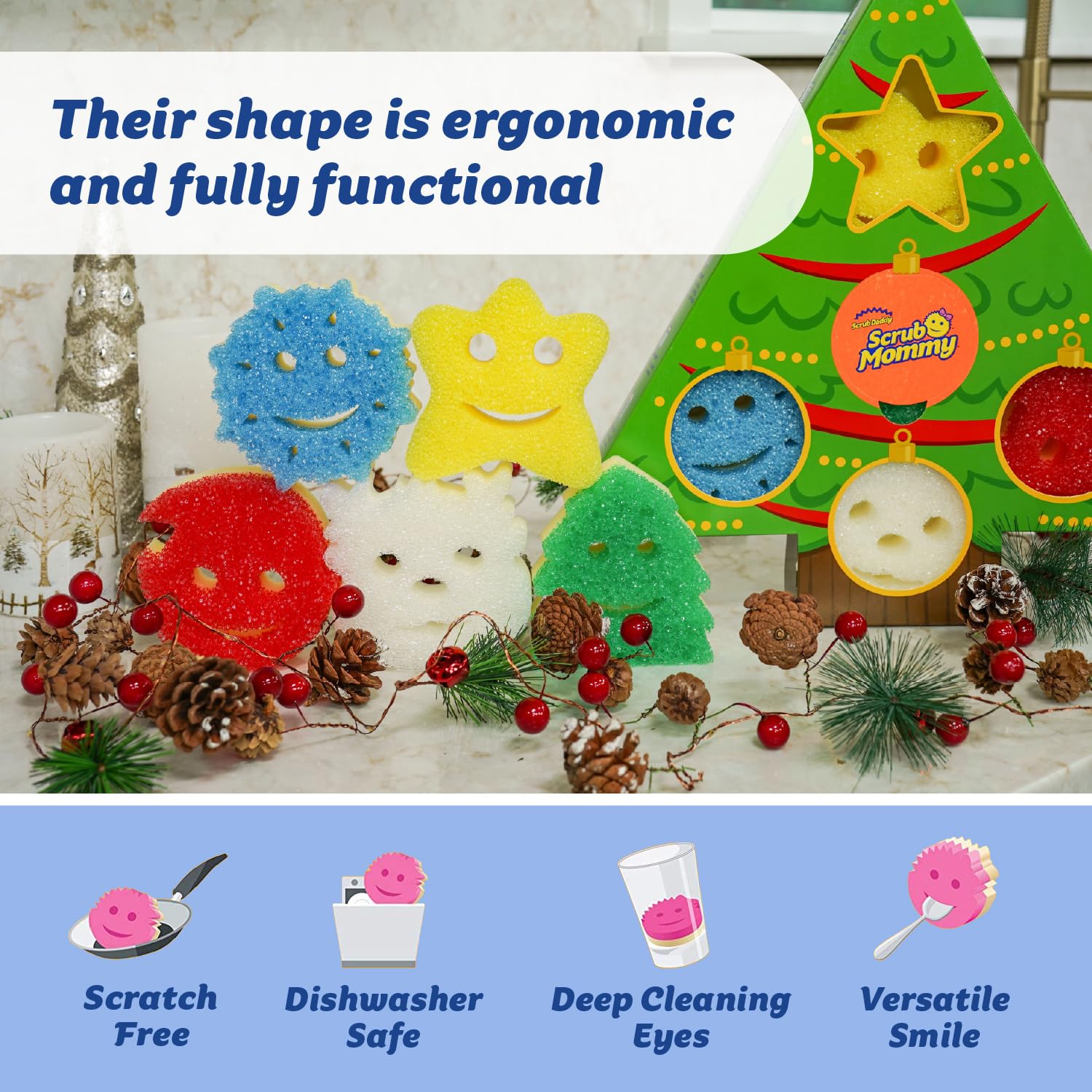 Scrub Daddy Scrub Mommy Holiday Christmas Tree Gift Box Set, Non-Scratch Christmas Cleaning Sponges for Kitchen, Dishes & Home, Dual-Sided Dish