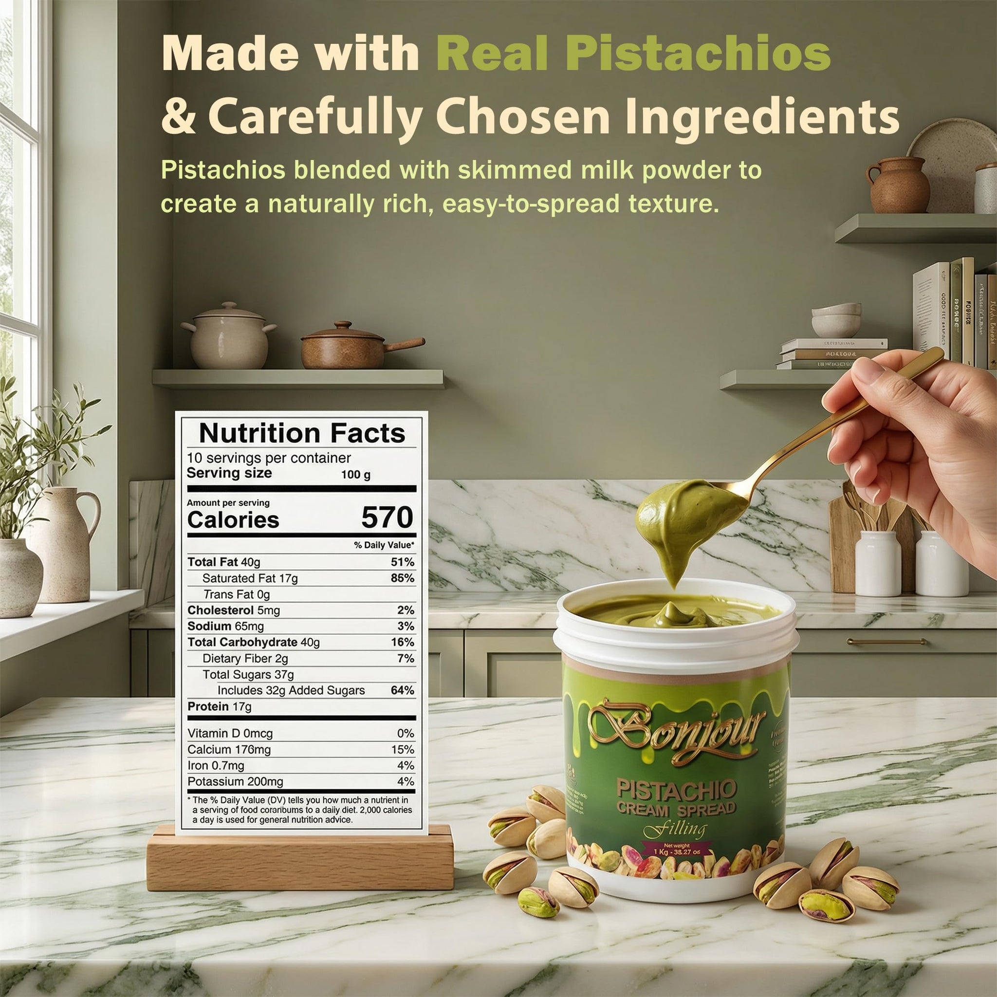 Bonjour Pistachio Cream for Dubai Chocolate, Filling, Topping & Bread - Non-GMO, No Palm Oil - Premium Smooth 1kg Bulk Jar Pistachio Butter Spread
