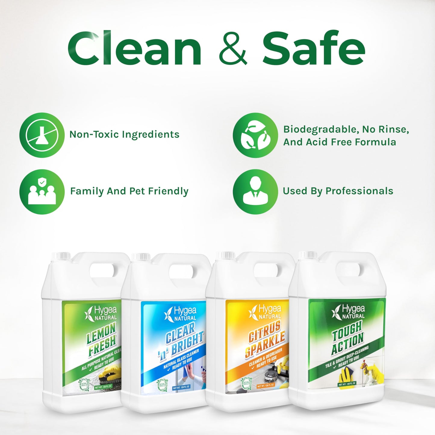 Hygea Natural Cleaning Starter Kit - 1 Gallon - Eco-Friendly Household Cleaners - Degreaser, All Purpose Cleaner, Glass Cleaner, & Tile and Grout
