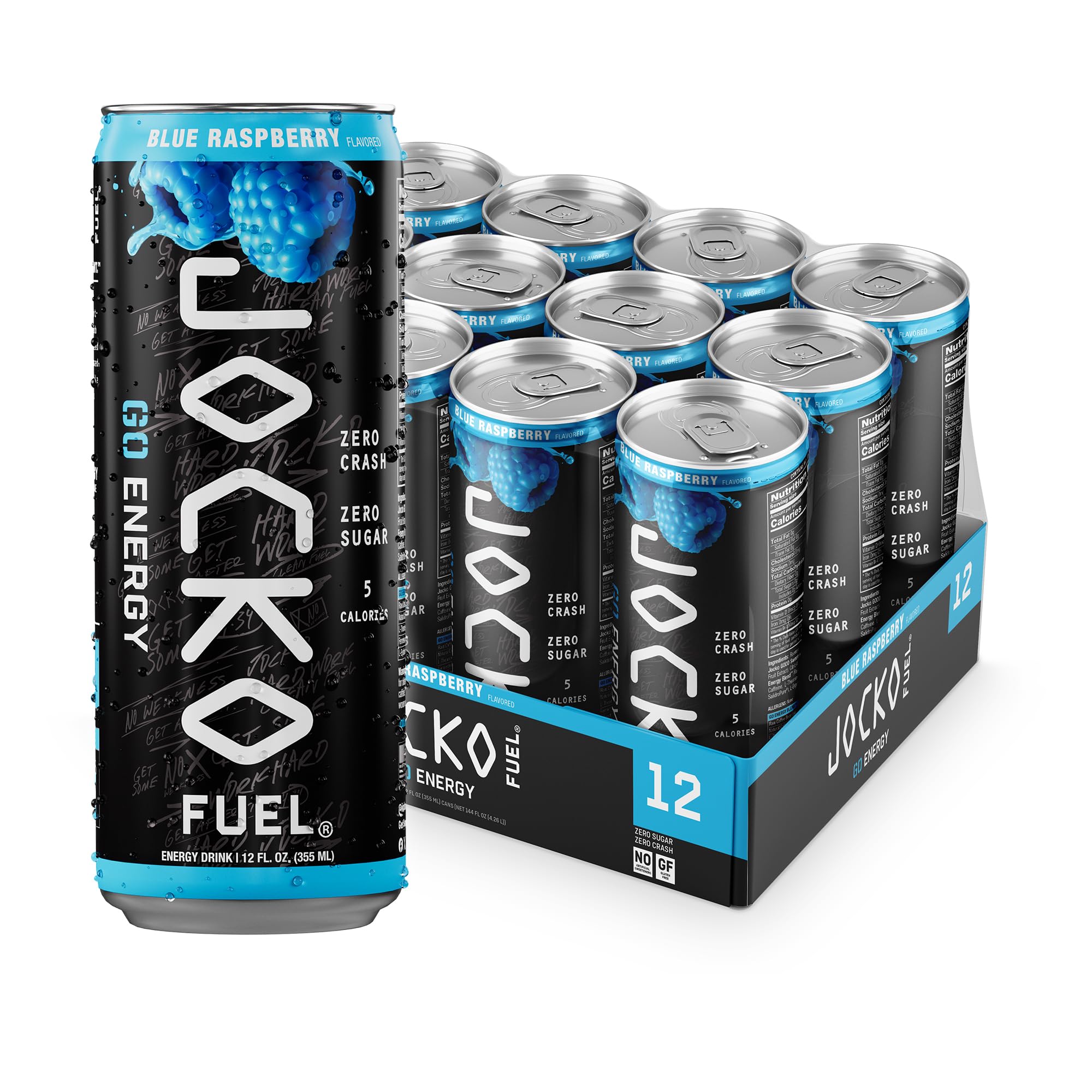 Jocko Fuel GO Energy Drinks, Blue Raspberry - 95mg Caffeine with Added Adaptogens, Vitamin B12 & B6, & L Theanine for Mood & Focus Support, No Sugar