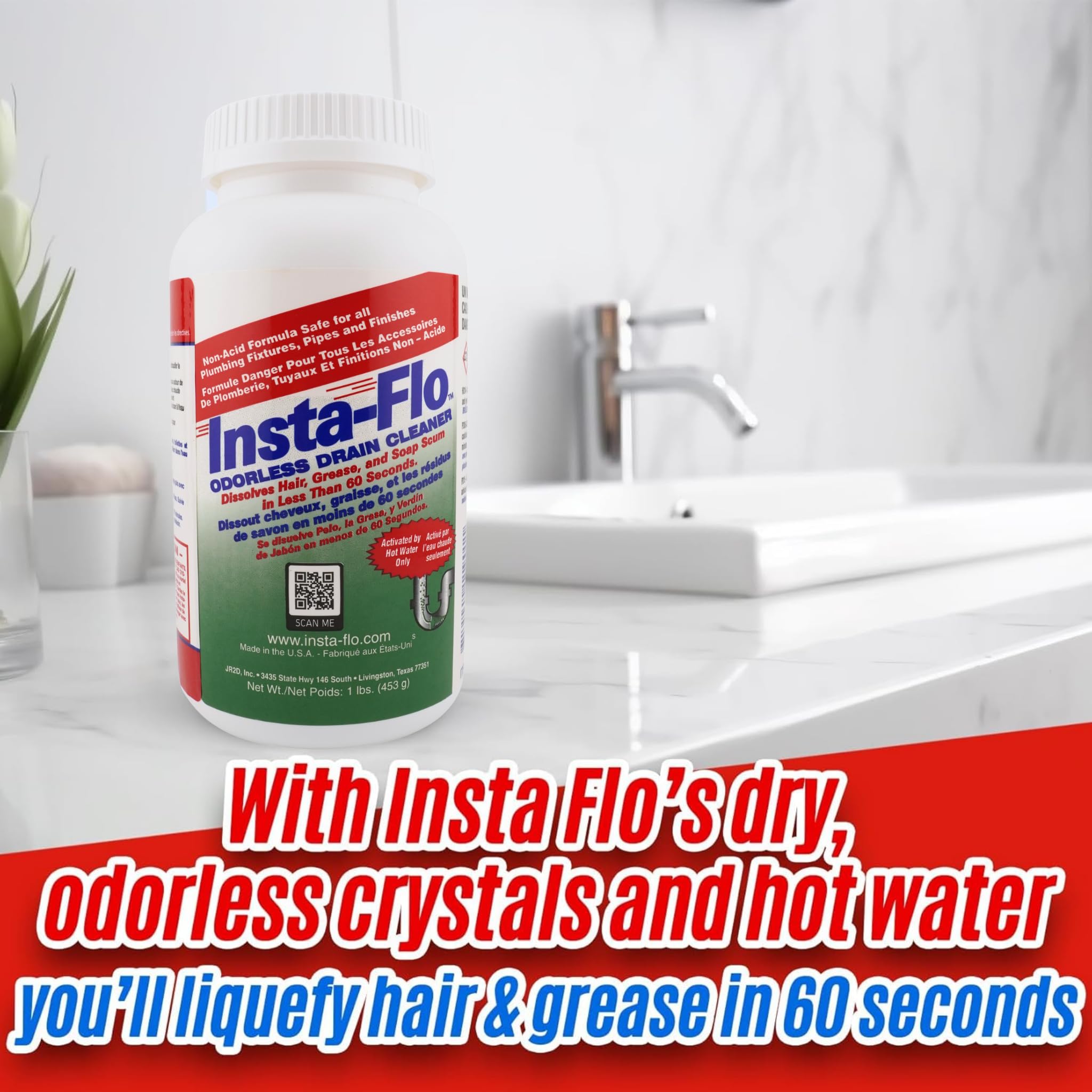 Insta-Flo Crystals Drain Cleaner - 1 lb (16 oz) - Odorless Drain Opener for Hair & Grease by Thrift Marketing