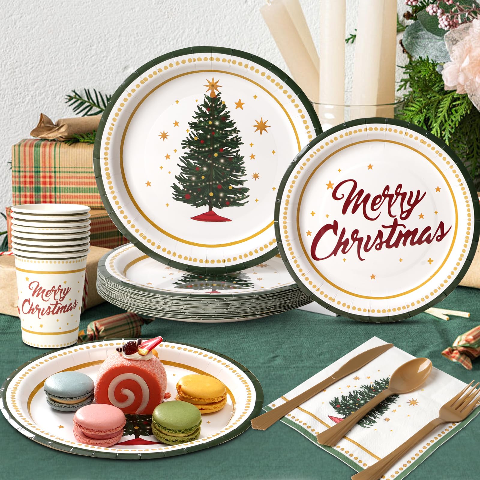 Dereinwo 175 Pcs Christmas Tree Party Supplies Table Set Christmas Paper Plates Napkins Cups Forks Knifes Spoons for Xmas Green and White Disposable