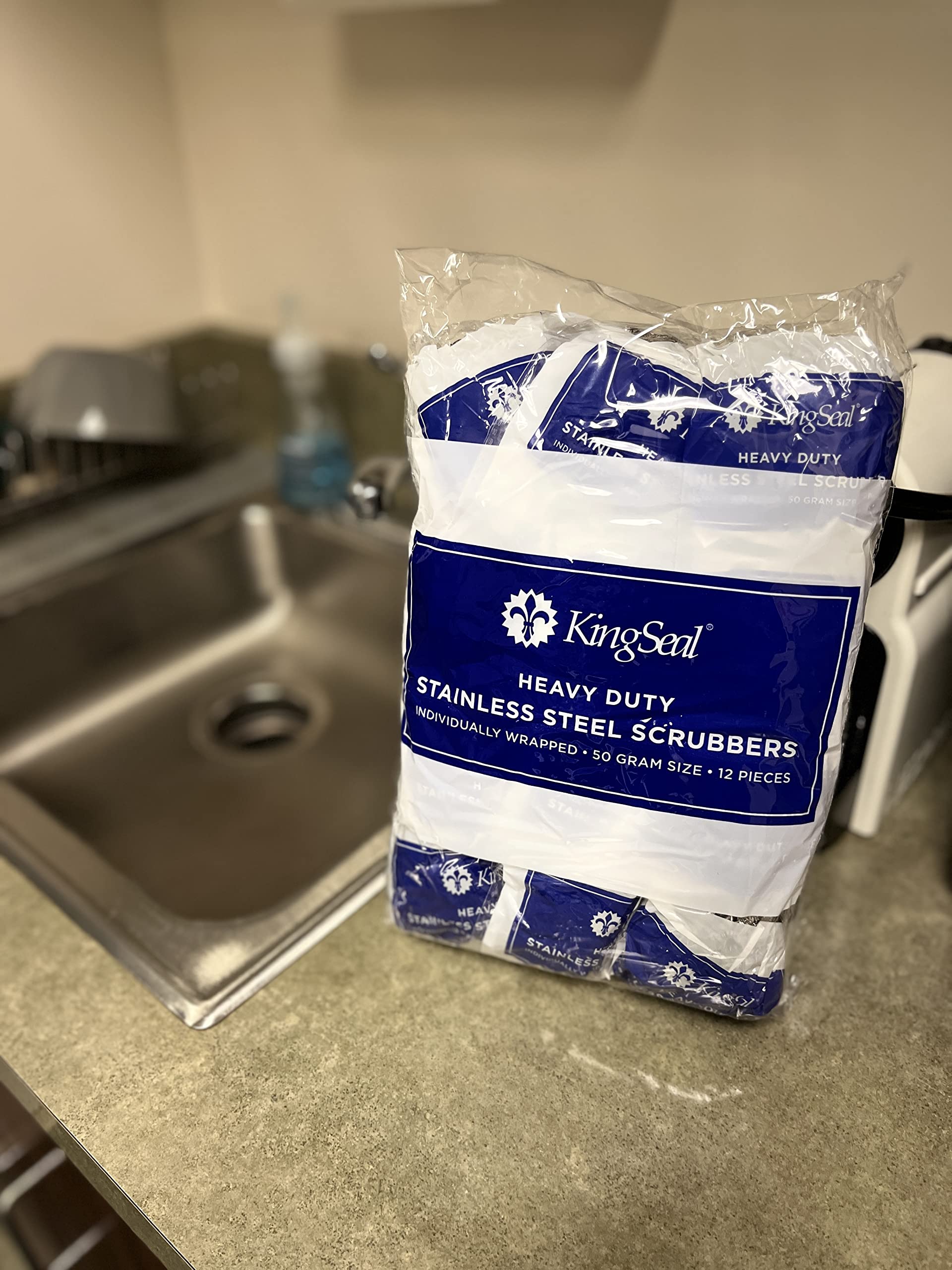 12 Count | KingSeal Stainless Steel Scrubbers, Scrub Pads, Heavy Duty, 50 gram Weight, Individually Wrapped - 1 Pack of 12