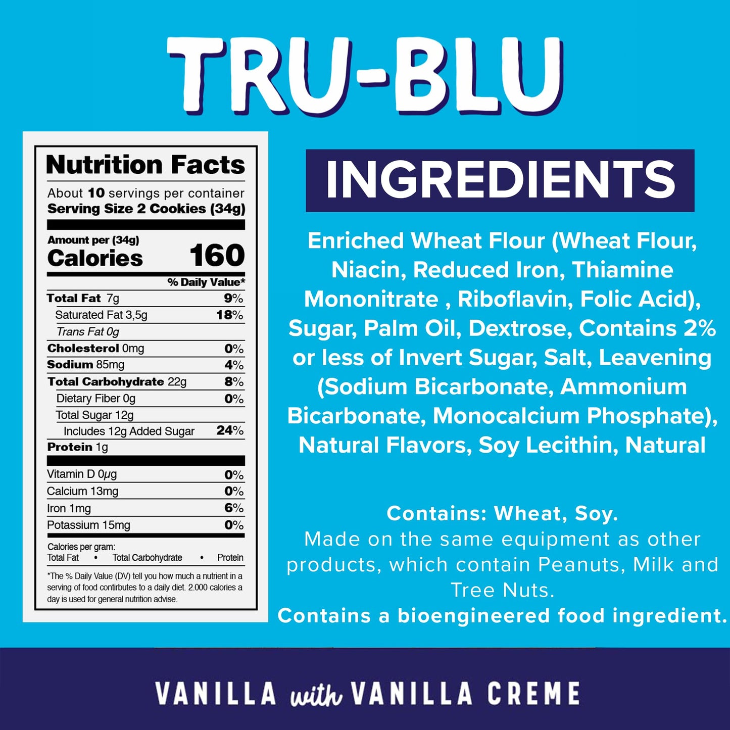 Tru-Blu Vanilla Cookies with Vanilla Creme | No artificial ingredients | No High Fructose Corn Syrup | Made in the USA | 12 Ounce (Pack of 3)