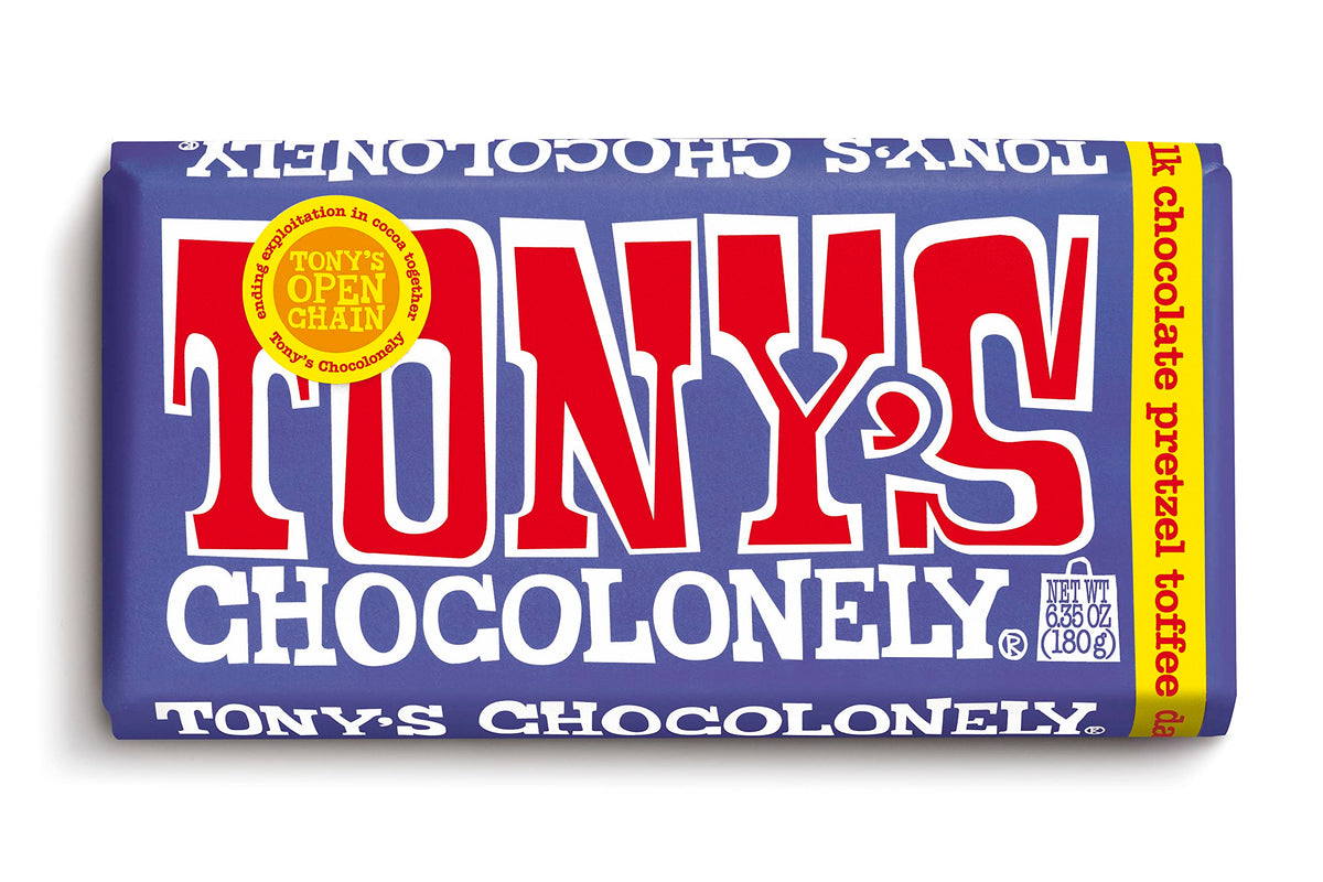 Tony's Chocolonely 42% Dark Milk Chocolate Bar with Pretzel & Toffee - Dark Milk Chocolate, Pretzel & Toffee Chunks, Belgium Chocolate, No Artificial