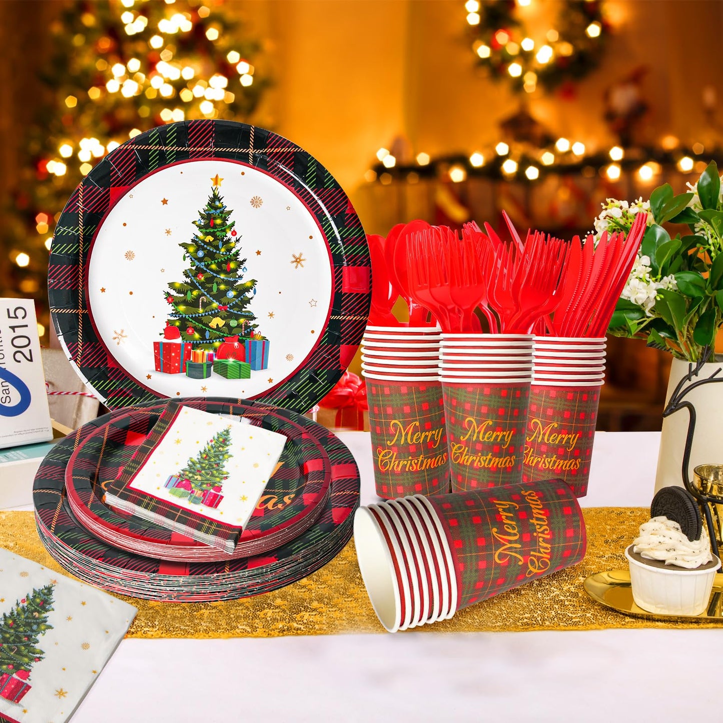 KTCNMER 175 Pcs Christmas Dinnerware Set Disposable Paper Plates and Napkins for 25 Guests Holiday Tableware Kits Cups Forks Knives Spoons