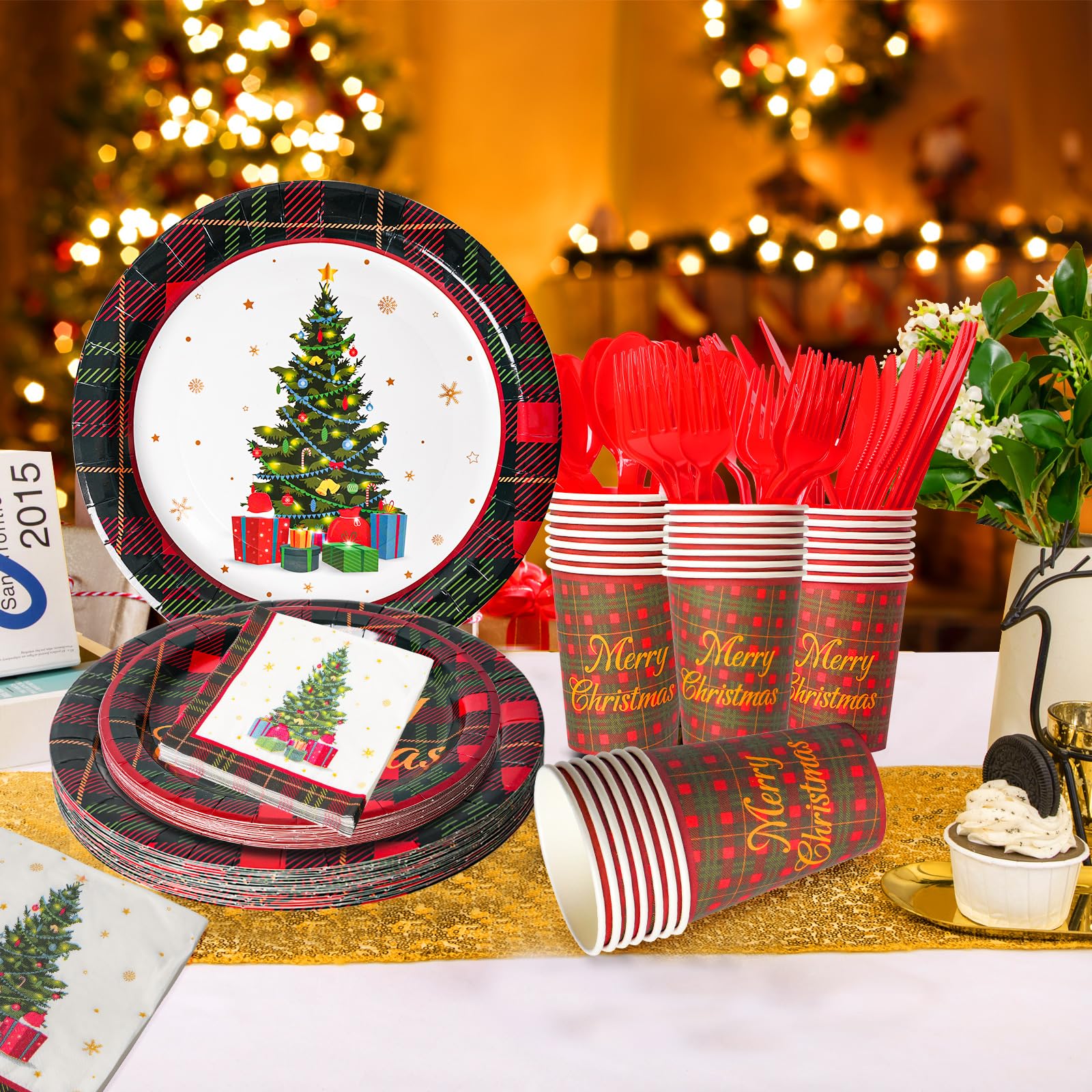 KTCNMER 175 Pcs Christmas Dinnerware Set Disposable Paper Plates and Napkins for 25 Guests Holiday Tableware Kits Cups Forks Knives Spoons