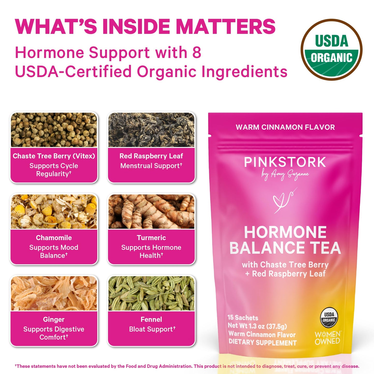 Pink Stork Hormone Balance Tea for Women - Red Raspberry Leaf & Chasteberry (Vitex) - Organic Herbal Tea for PMS, Menstrual Cycle + Perimenopause