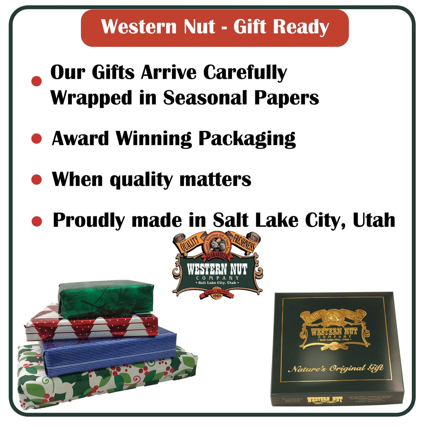 Western Nut Company Forest Gold Gift Box, Variety of Nut Collections, Seasonal Gift Wrap Boxes, 2LB Square Gift Box (Gift #10 Naturally Nuts)