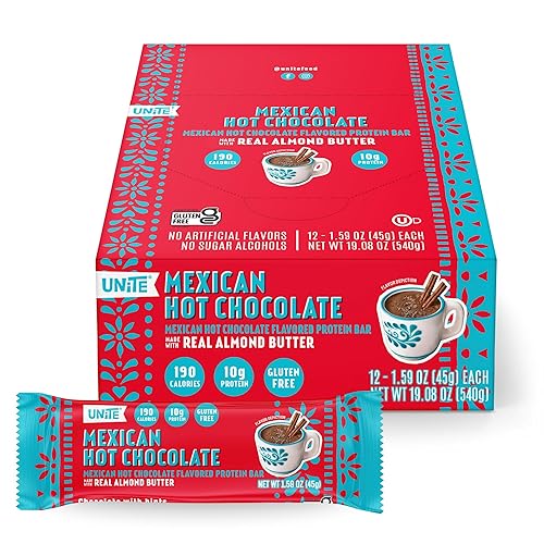 UNiTE Mexican Chocolate Protein Bars, 12 Pack, 1.59 Oz, 10g Protein, High Fiber Bar, Naturally Sweetened, Almond Butter, Real Ingredients, Portable