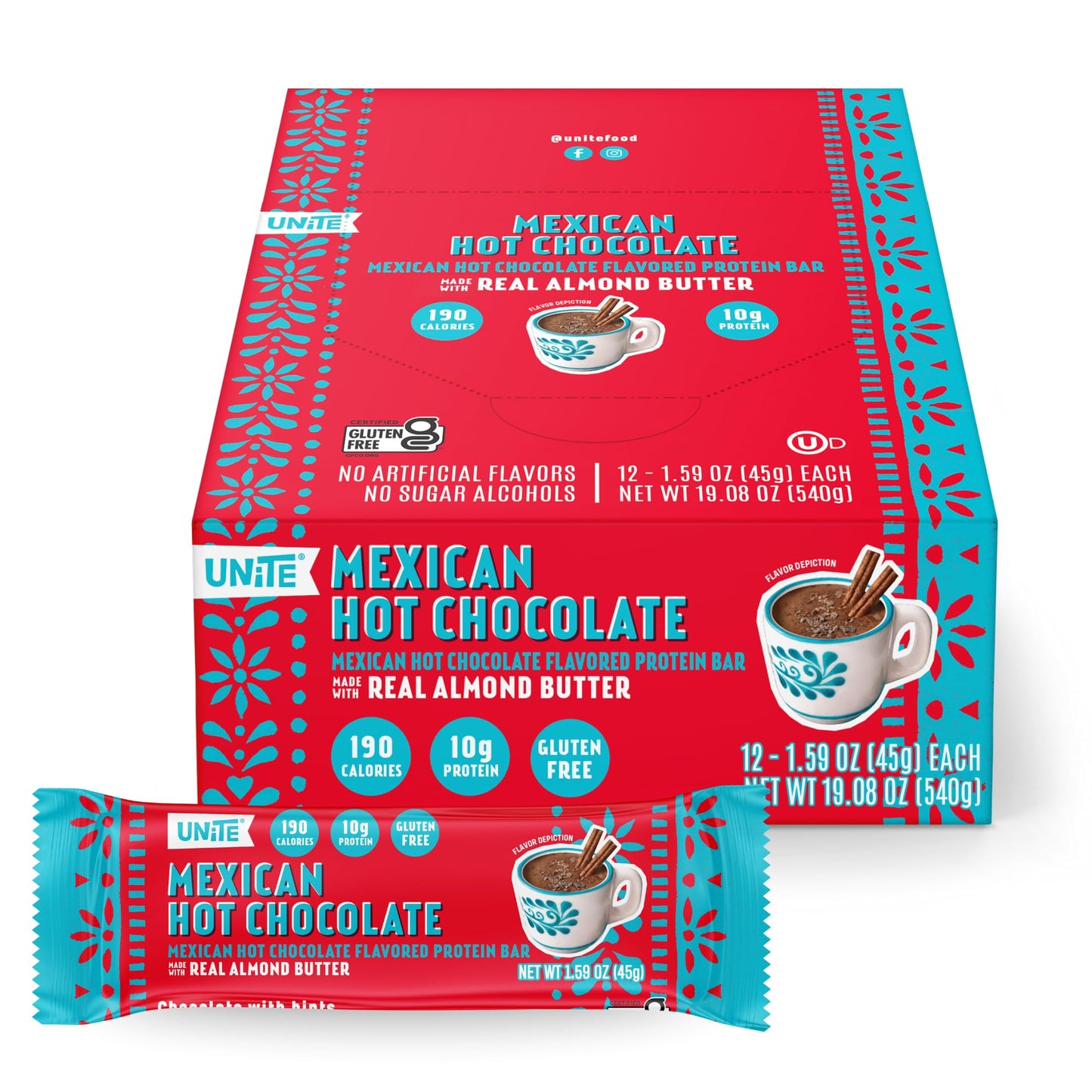 UNiTE Mexican Chocolate Protein Bars, 12 Pack, 1.59 Oz, 10g Protein, High Fiber Bar, Naturally Sweetened, Almond Butter, Real Ingredients, Portable