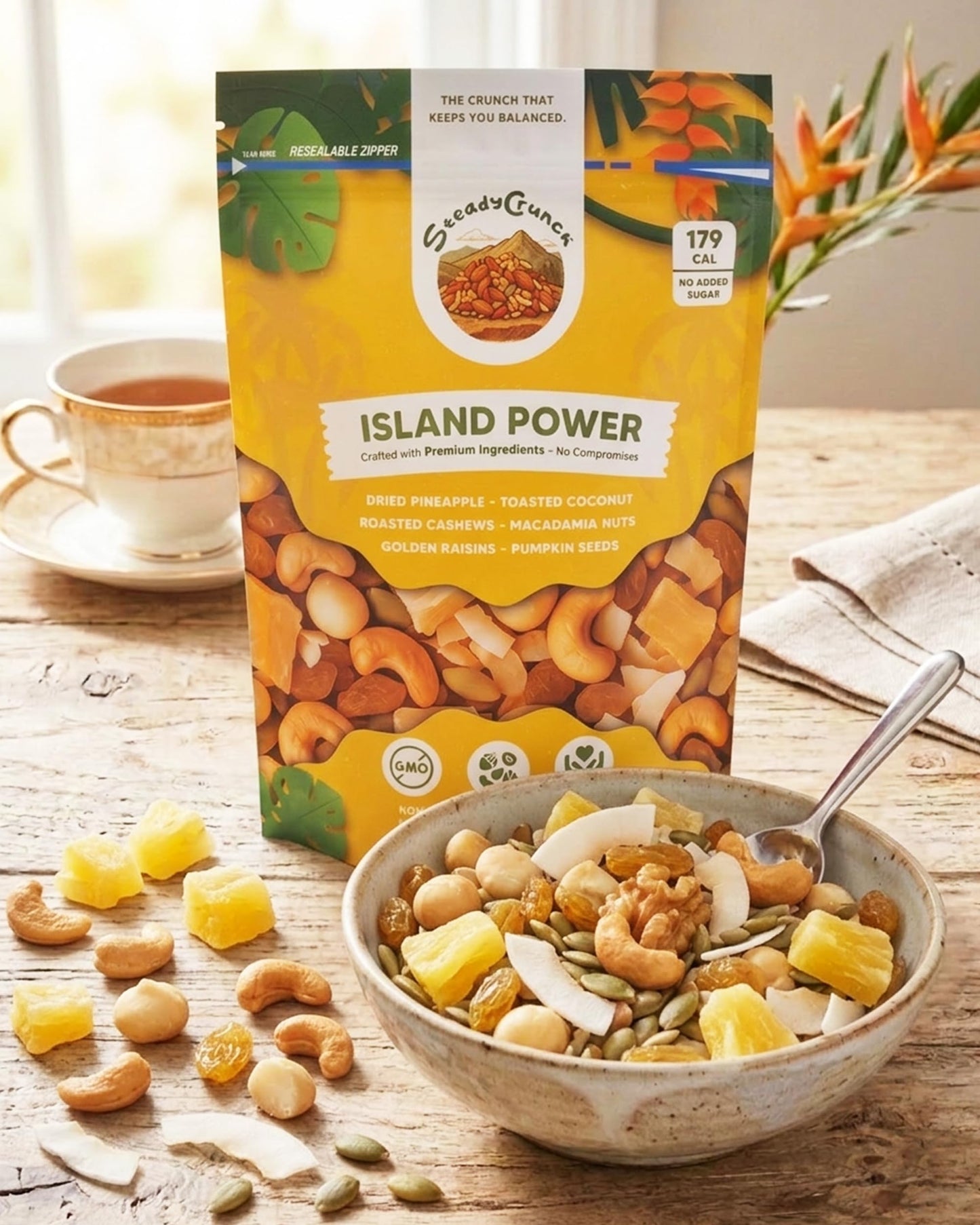 SteadyCrunch Island Power Trail Mix - Gluten Free & Vegan Travel Snacks - Mixed Nuts, Dried Fruit Healthy Snacks for Adults & Kids - Cashew, Macadamia