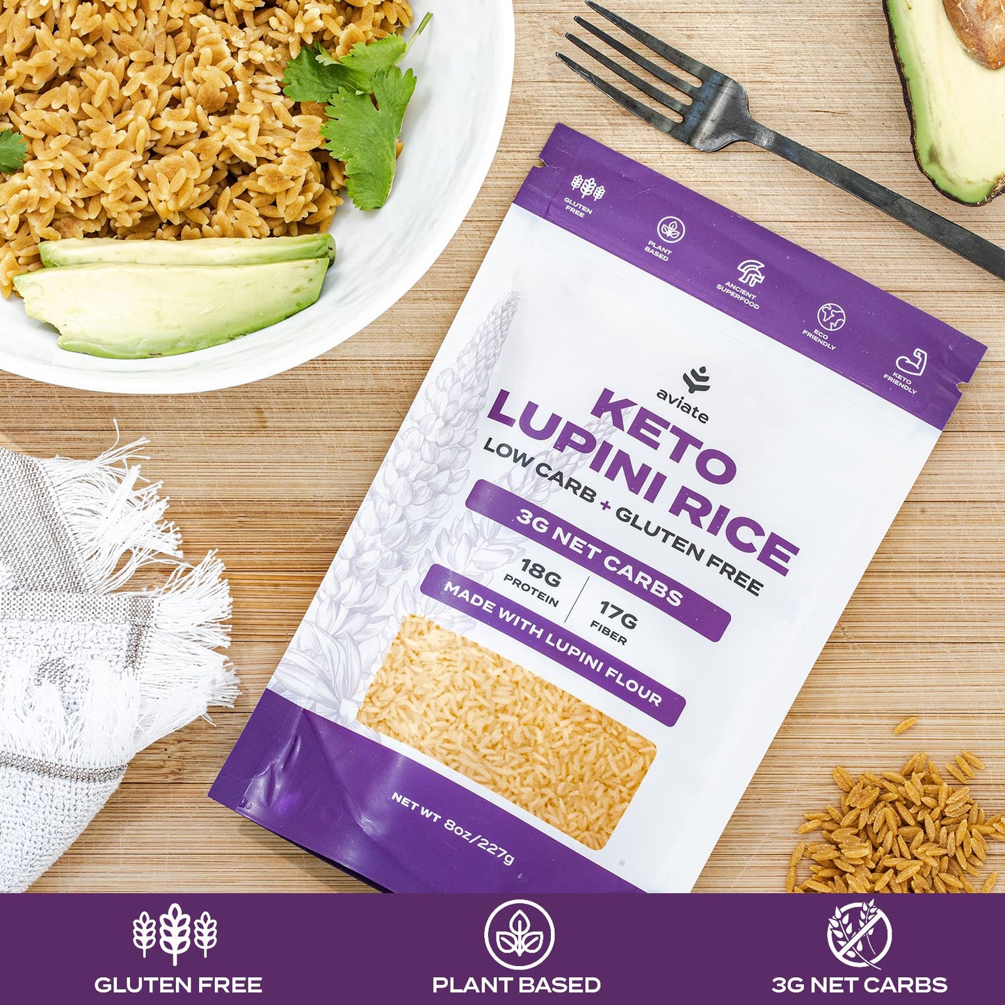 Aviate Keto Rice Orzo - Low Carb (3g Net) Lupini Rice/Pasta, High Protein (18g), Gluten-Free, Made with Lupin Flour, Plant Based Vegan, Keto-friendly