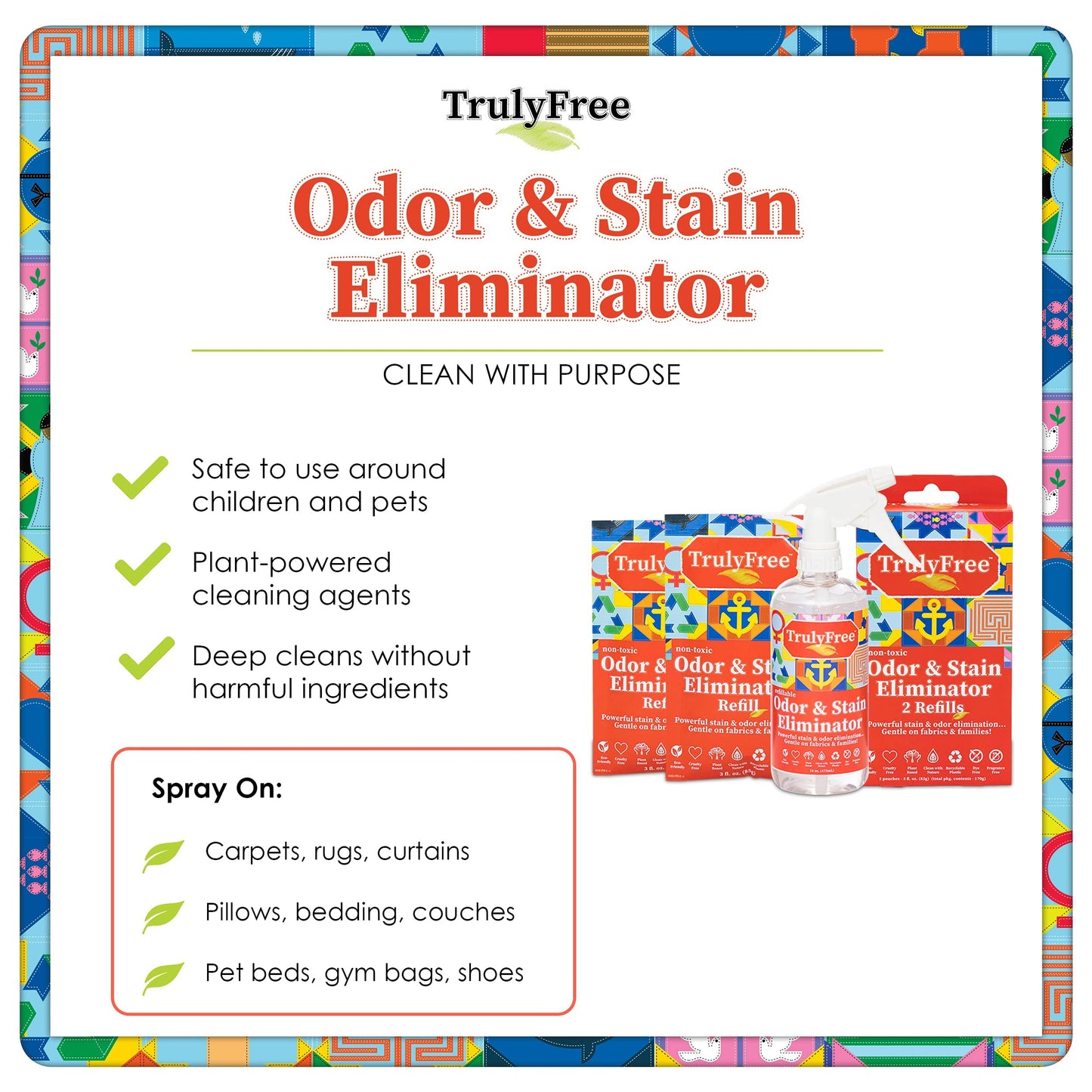 Truly Free Multi-Purpose Odor & Stain Eliminator, Pet Odor Eliminator for Home & Stain Remover for Carpet, Couch, Rugs & More, Upholstery Deodorizer