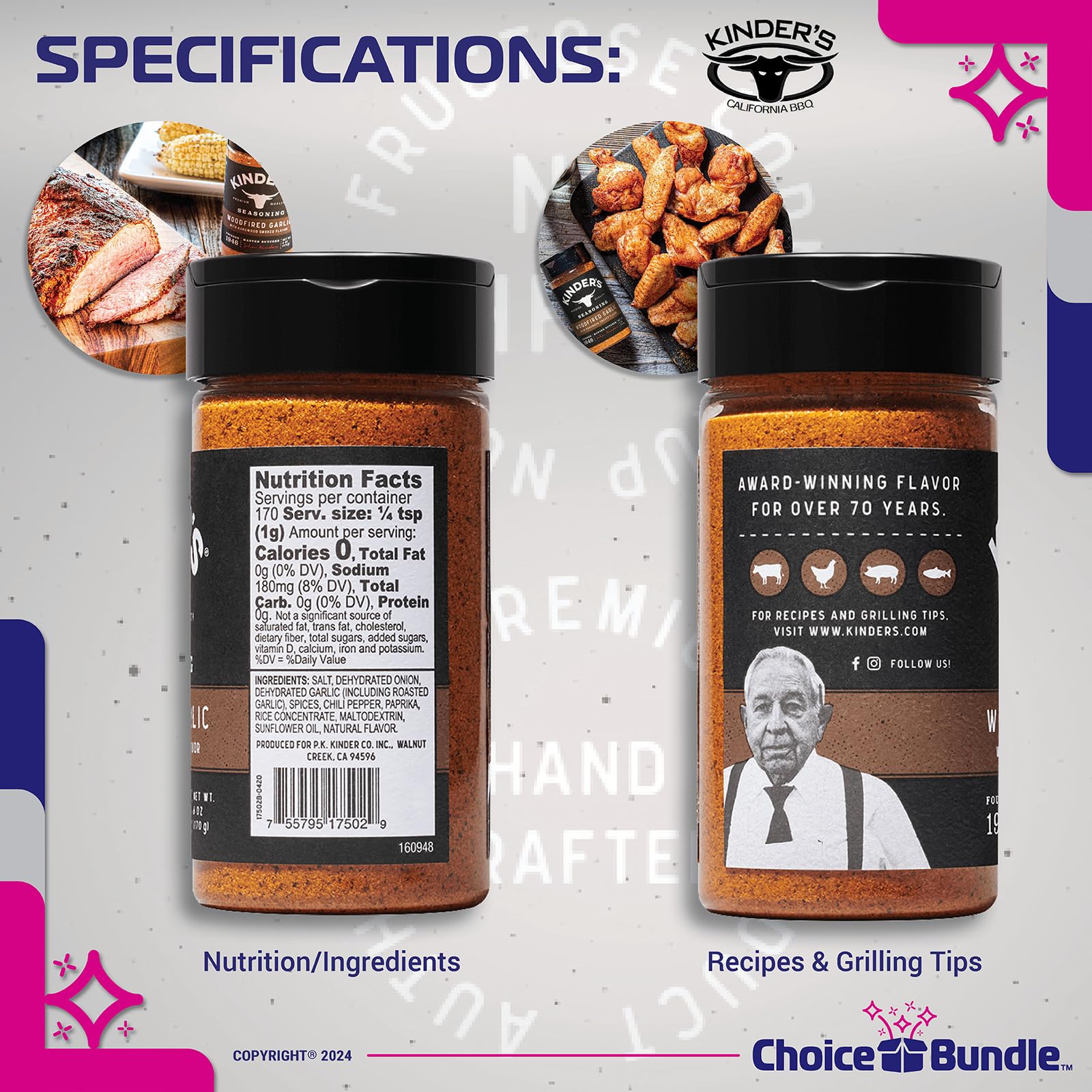 Kinder's Woodfired Garlic Seasoning with Hardwood Smoked Flavors 4 PK Premium BBQ Barbecue Rub Choice Bundle (24 oz) + BBQ Guide & Bottle Opener (6