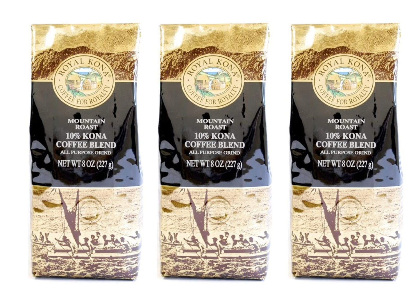Royal Kona Mountain Roast 10% Kona Blend Ground Coffee - 3 Bags - 8 Oz. Bag each #w34