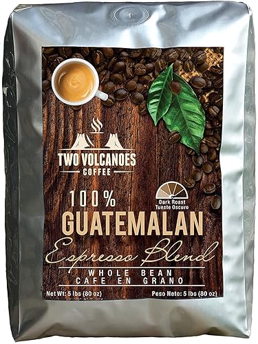 Two Volcanoes Whole Bean Coffee - 5 Lbs - Guatemalan Dark Roast Espresso Blend From Rare Gourmet Coffee Beans. Get The Kick, Enjoy the Smoothness!