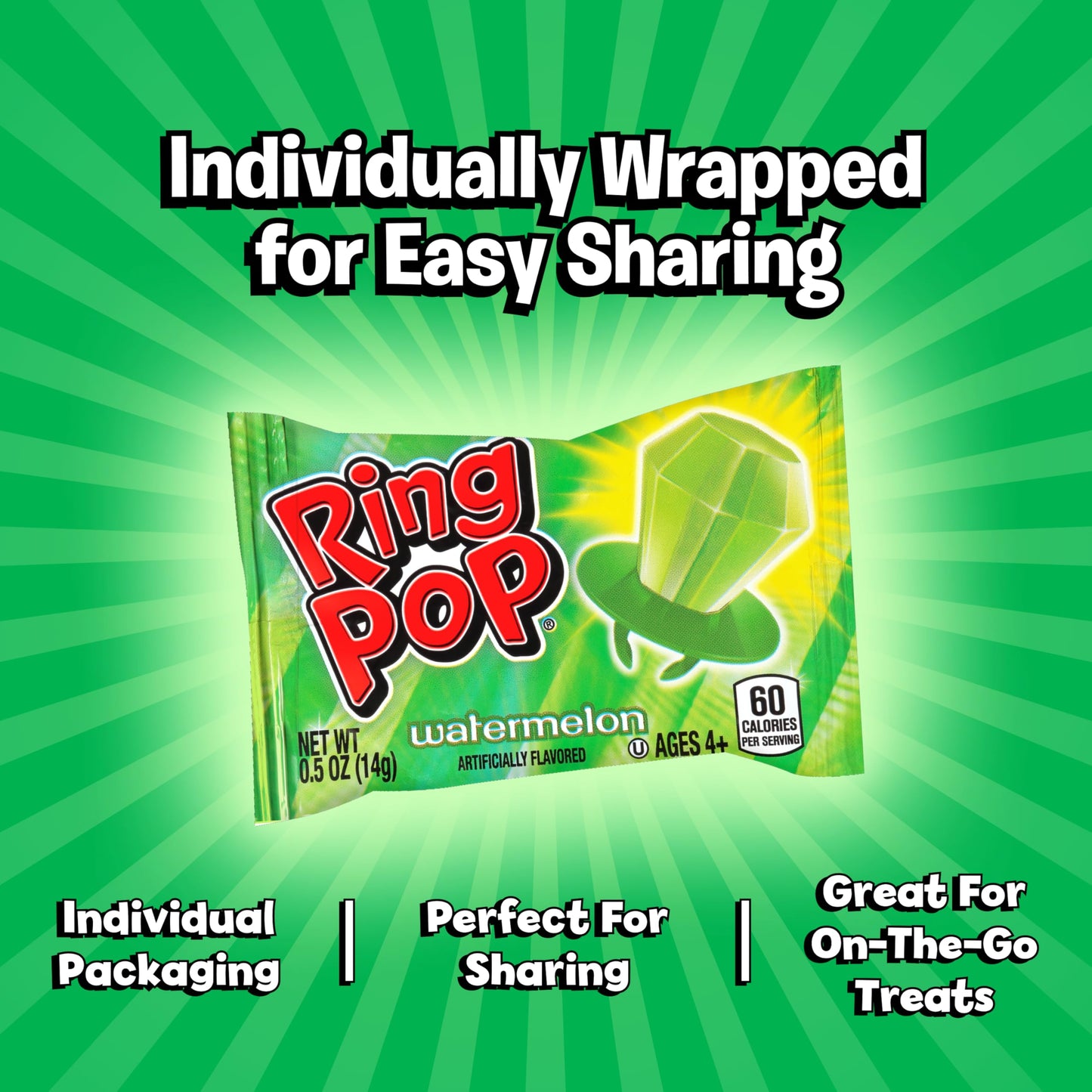 Ring Pop Individually Wrapped Green Watermelon 30 Count Bulk Lollipop Pack - Watermelon Flavored Lollipop Suckers - Fun Candy Bulk For Party Favors