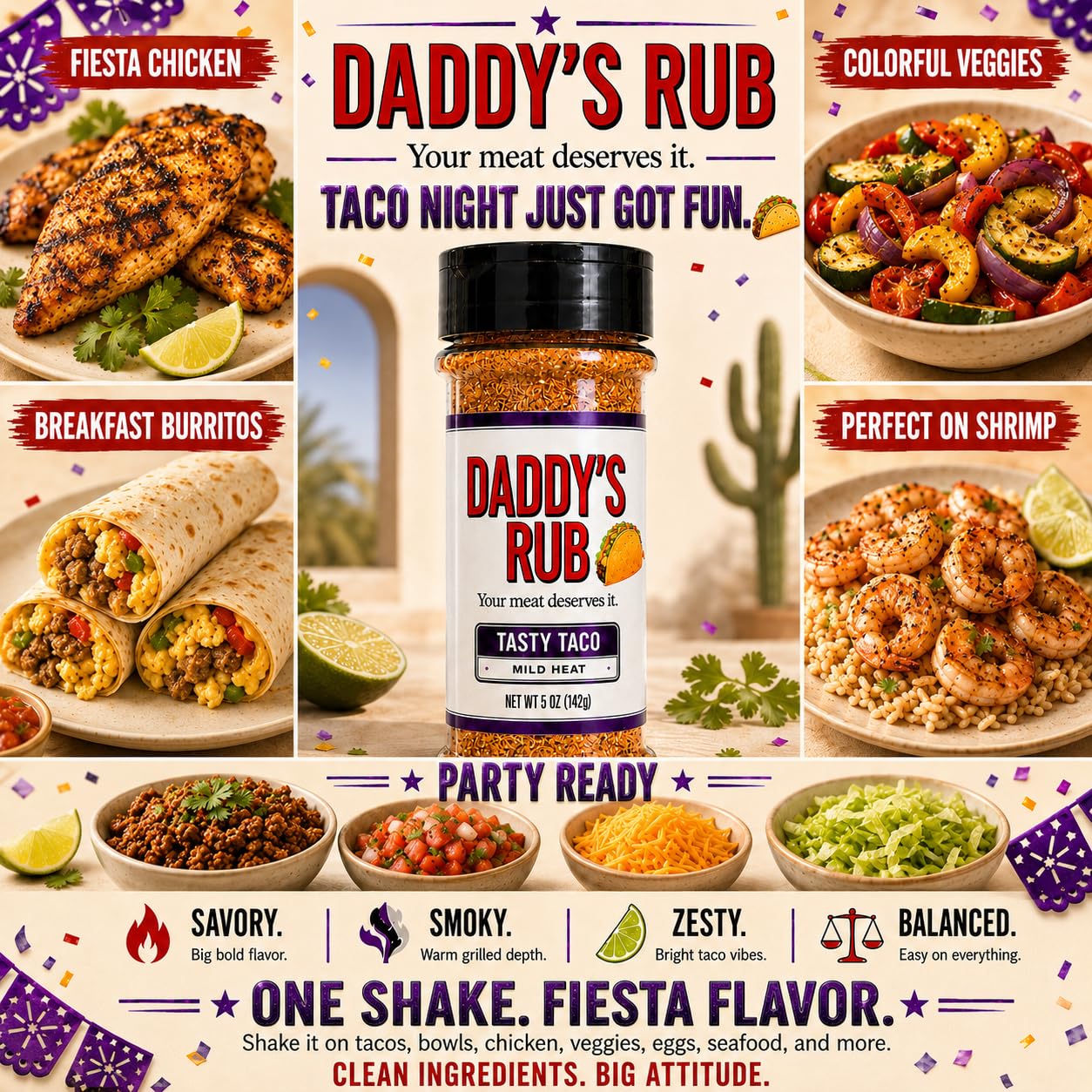 Daddy’s Rub Tasty Taco Seasoning Mix - Mild Heat Taco & Fajita Spice Blend for Easy Weeknight Meals, 5oz (Pack of 1)