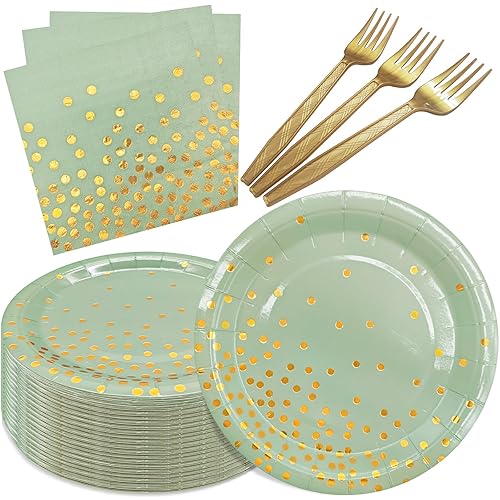 WXLDGHQ Serve 35 Guests Sage Green and Gold Party Supplies,7 Inch Disposable Sage Green Dessert Paper Plates and Napkins for Wedding Birthday Party