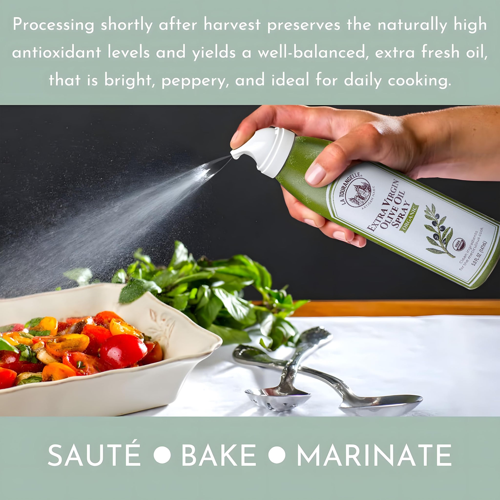 La Tourangelle, Organic Extra Virgin Olive Oil Spray, Cold-Pressed, All-Natural, Artisanal, Great for Cooking, Sauteing, Grilling, 5 Fl Oz