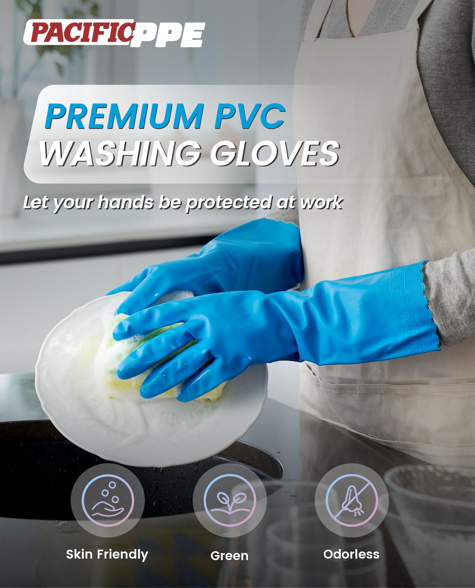 PACIFIC PPE 2 Pairs Reusable Dishwashing Cleaning Gloves with Latex Free, Cotton Lining, Kitchen Gloves, Blue, Medium