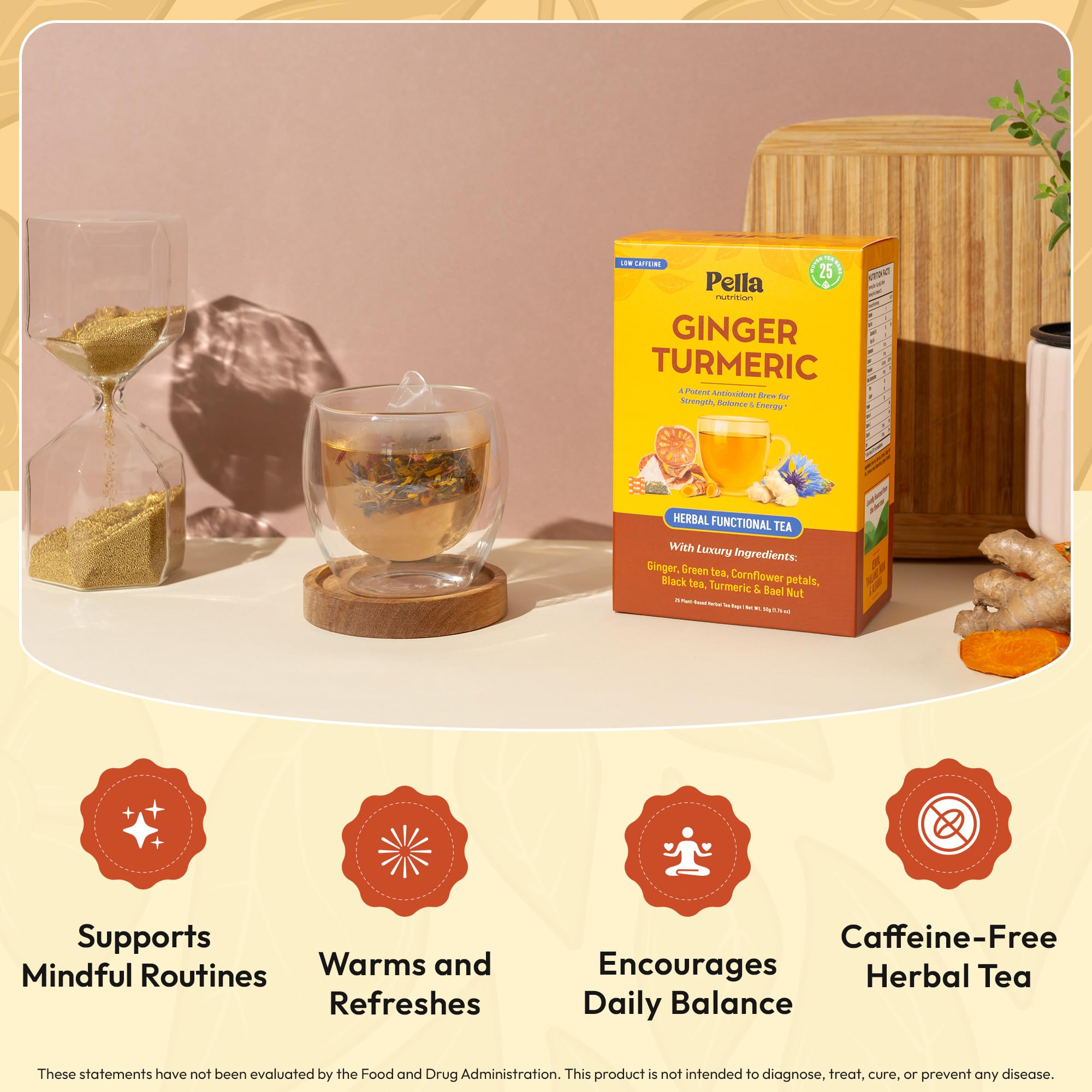Ginger Turmeric with Black & Green Tea - Blended with Bael Nut & Cornflower Petals - Vegan, Kosher, Non-GMO Low Caffeine - Hot or Iced Herbal Drink