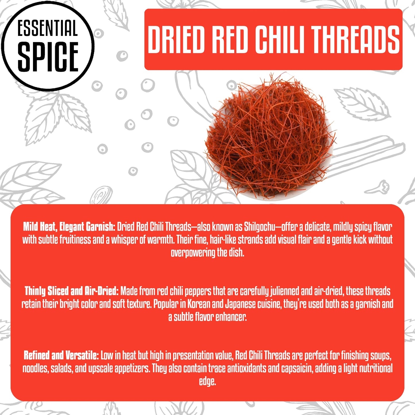 Essential Spice Dried Red Chili Threads, 1 lb - Mild Heat with Bright, Clean Flavor - Finely Shredded Chilies for Garnishing, Soups, Sushi, and Asian