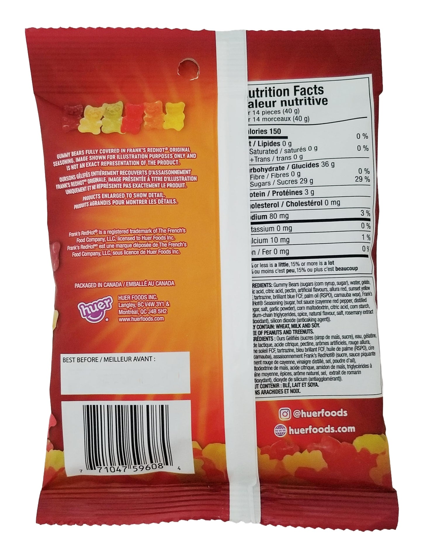 Huer Frank's Red Hot Spicy Gummy Bears, Covered With Frank's RedHot Original Seasoning - 100g/3.5 oz