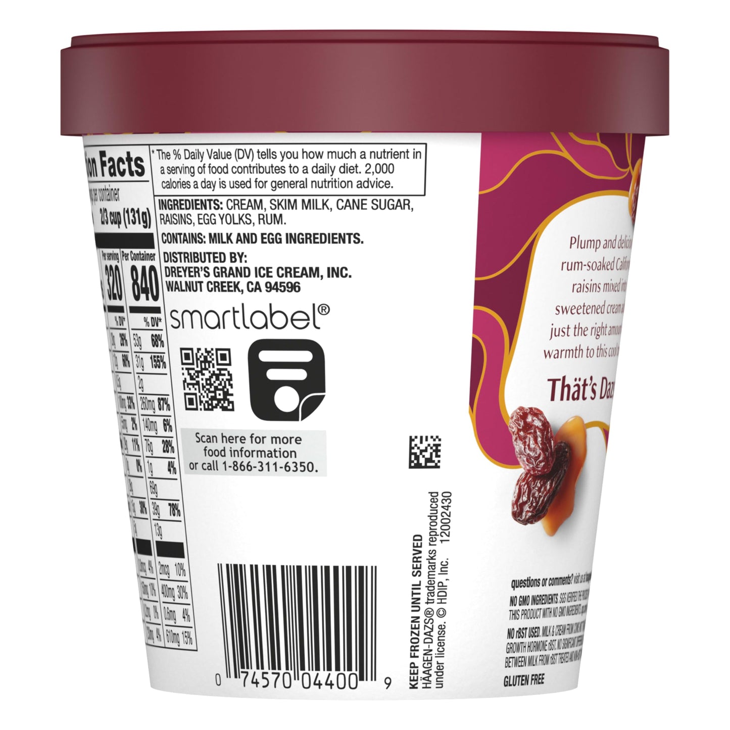 Haagen-Dazs, Rum Raisin Ice Cream, 14 fl oz (Frozen)