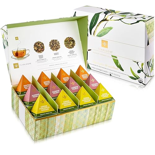 Teabloom Radiant Greens - Organic Green Tea Sampler with 12 Plant-Based Pyramid Sachets, Jasmine Pearls, Minted Mango Peach & Pineapple Ginger