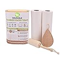 Bamboo Rayon Paper Towels | Washable Reusable Paper Towels, 2 Rolls,(40 Sheets)1 Year Supply & Loofah Sponge & Dish Scrub Brush | Eco Friendly Paper