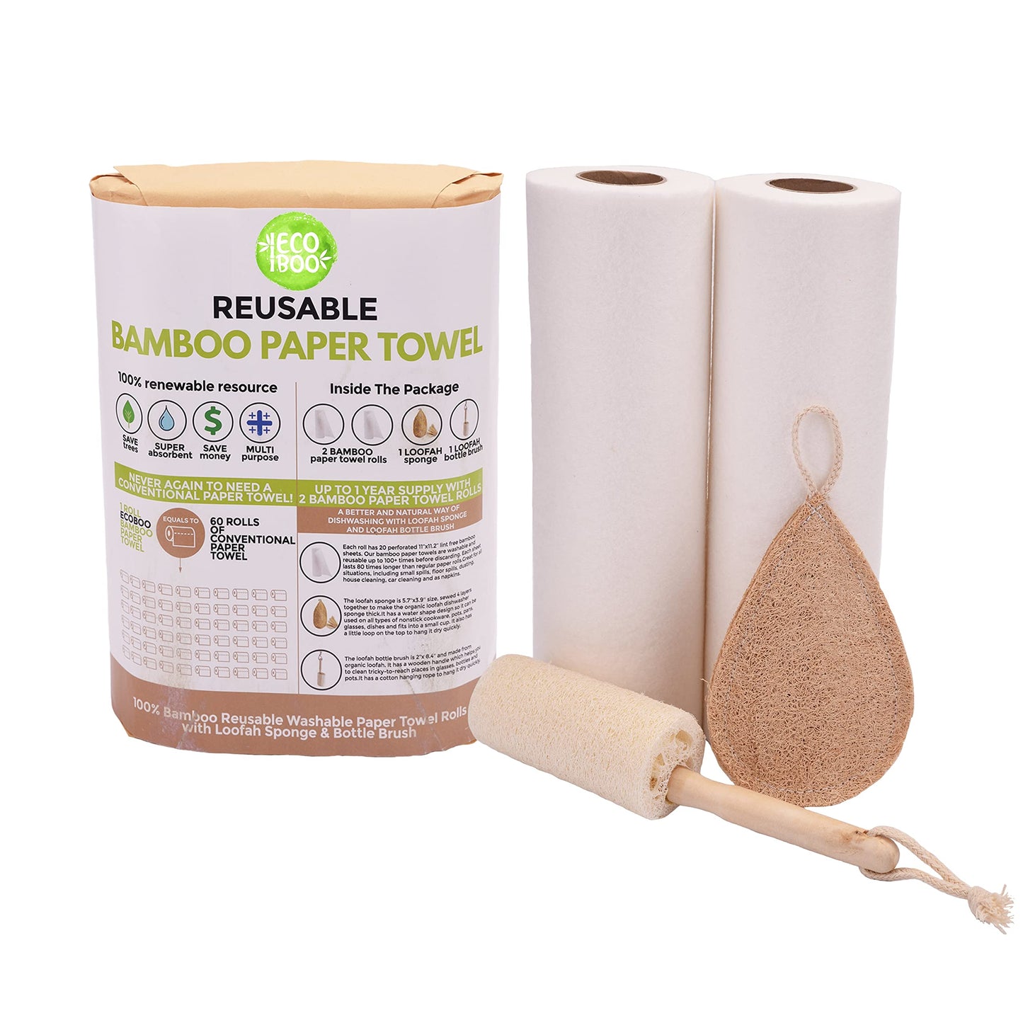 Bamboo Rayon Paper Towels | Washable Reusable Paper Towels, 2 Rolls,(40 Sheets)1 Year Supply & Loofah Sponge & Dish Scrub Brush | Eco Friendly Paper