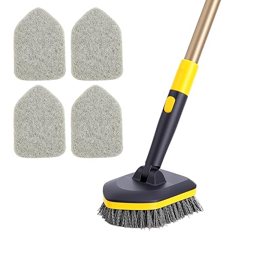 Yocada Tub Tile Scrubber Brush 2 in 1 Cleaning Brush 4*Scouring Pads 58.2 Inch Adjustable Telescopic Pole Stiff Bristles for Cleaning Bathroom Kitchen