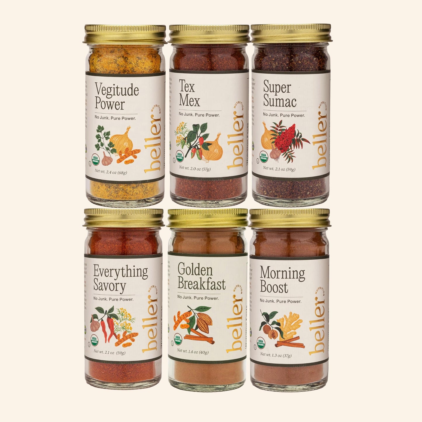Beller Nutrition Organic Spice Blend Collection | 6-Pack | Vegitude Power, Tex Mex, Super Sumac, Everything Savory, Golden Breakfast, Morning Boost |