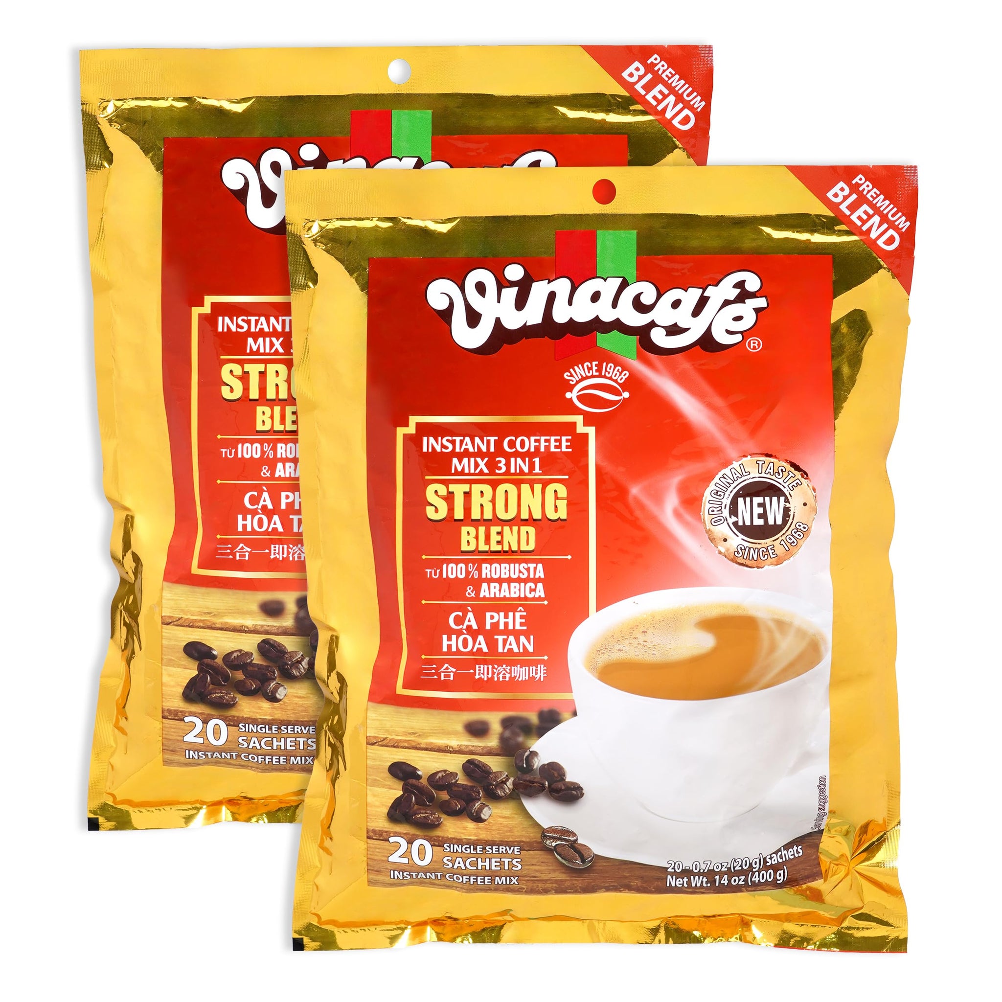 Vinacafe 40 cts 3 in 1 Vietnamese Instant Coffee Gold Red Strong Rich Blend, 40 Sachets (2 Bags of 20 Sachets)