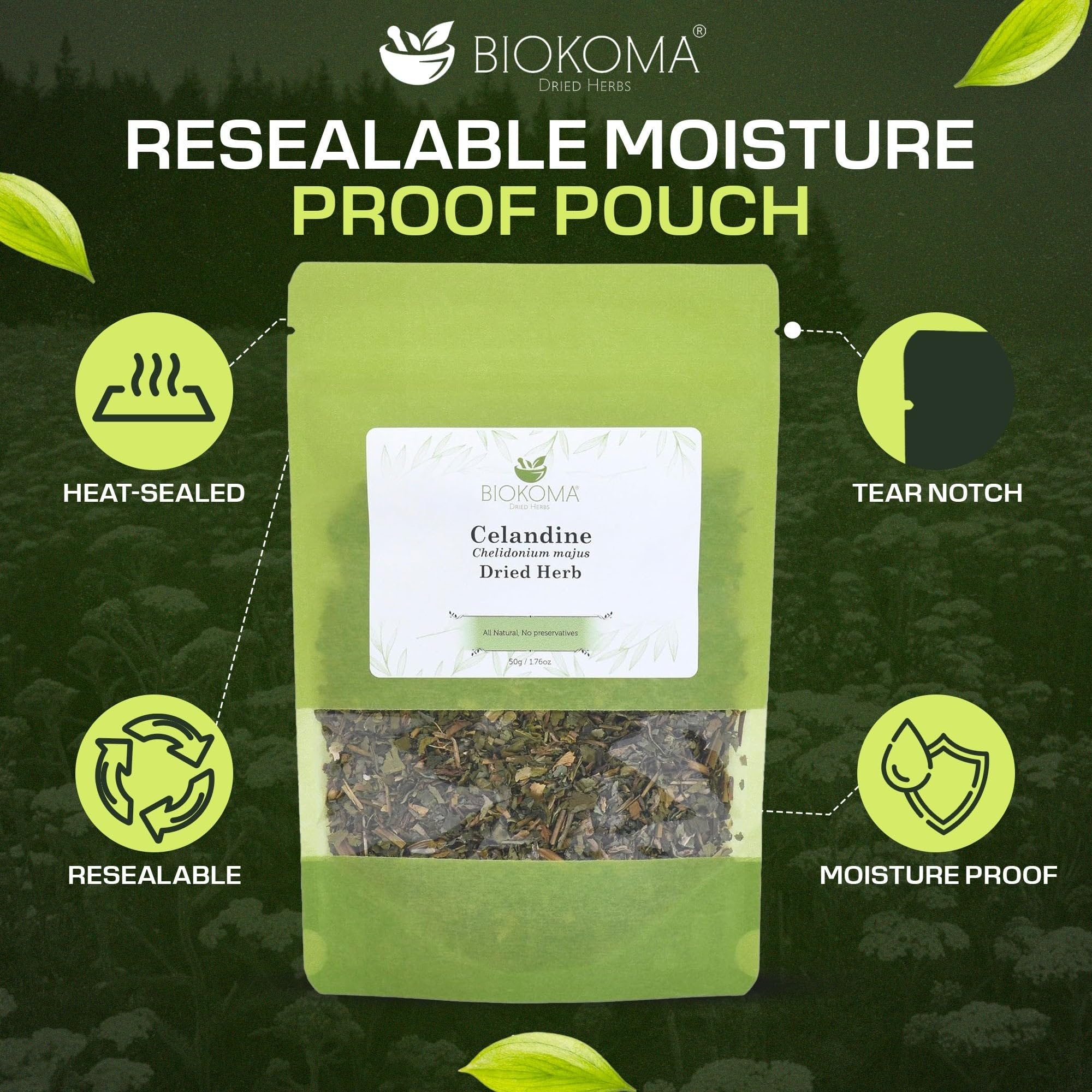 Biokoma Celandine Dried Herb 50g (1.76oz) Chelidonium Majus Warts Fighter Herbal Tea Antioxidant Resealable Moisture Proof Pouch No Additives No
