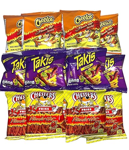 Hot Chips Variety Pack - Takis Fuego, Flamin' Hot Cheetos, and Chester's Hot Fries Pack of 12 with a Mystery Item, Perfect Snack with a Surprise