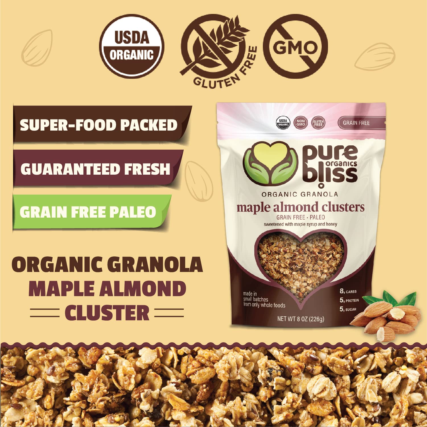 Pure Bliss Organic Grain Free Granola (Maple Almond Cluster) Paleo Friendly, Gluten Free, Vegan, Best-Tasting, Non-GMO, Low Carb Snack, All Real Super