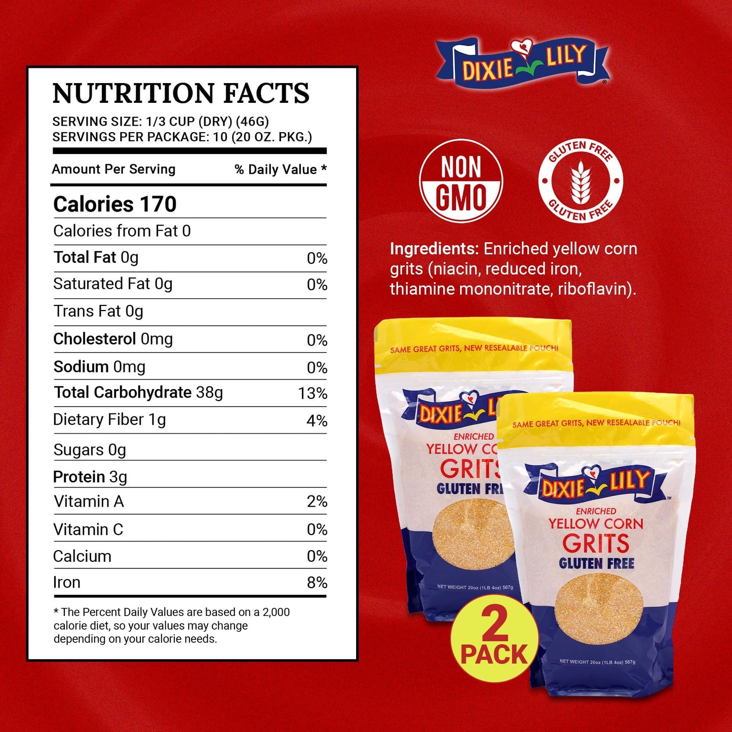 Dixie Lily Yellow Corn Grits - Quick-Cooking, Gluten-Free, Non-GMO, Low Fat & Sodium, Essential Vitamins & Minerals, Classic Southern Flavor - 2 Pack