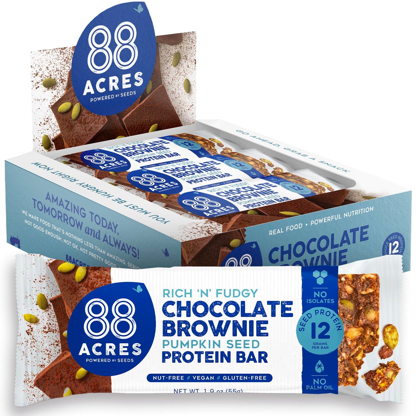 88 Acres Pumpkin Seed Protein Bars, Fudge Brownie, 9 Count, 12g Plant-Based Protein, Gluten Free, Nut Free, School Safe Snack Bar, Vegan, Non-GMO