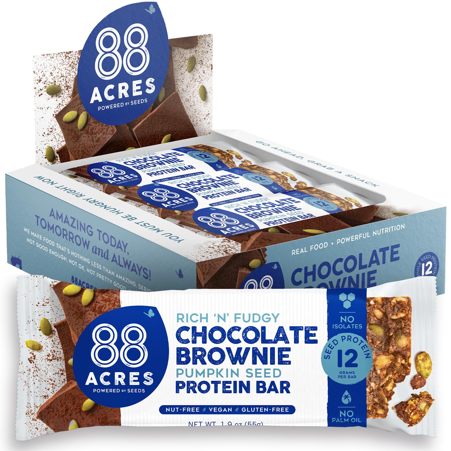 88 Acres Pumpkin Seed Protein Bars, Fudge Brownie, 9 Count, 12g Plant-Based Protein, Gluten Free, Nut Free, School Safe Snack Bar, Vegan, Non-GMO